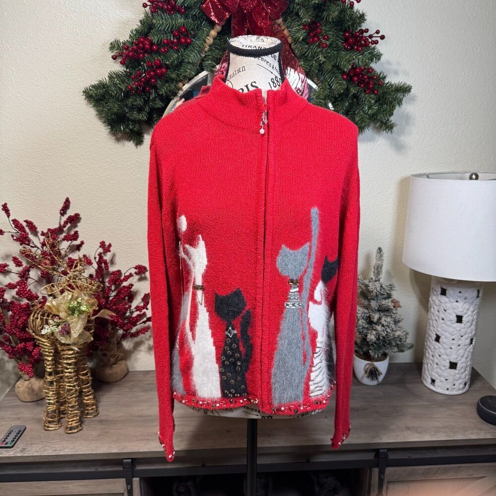 Vtg Coldwater Creek Full Zip Embellished Beaded Cat Sweater Red Size S Holiday